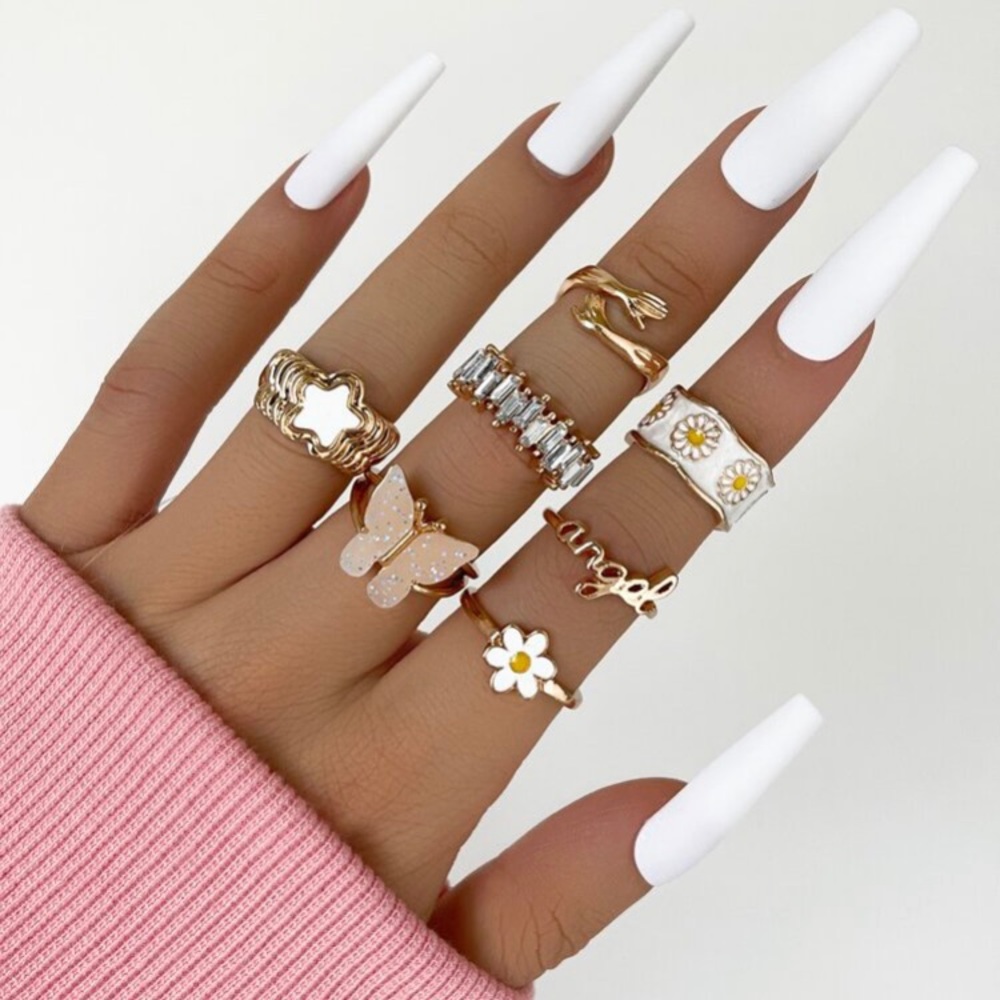 7pcs Butterfly Flower Rhinestone Ring Set